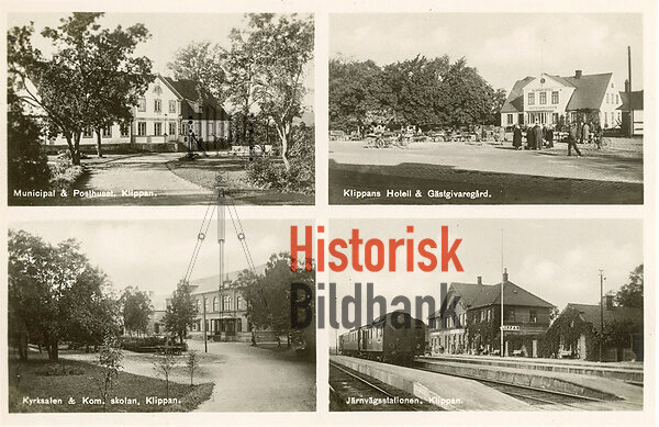 4-bildskort: Municipal- och Posthuset, Klippans Hotell & G�stgivareg�rd, Kyrksalen & Kom Skolan samt J�rnv�gsstationen,